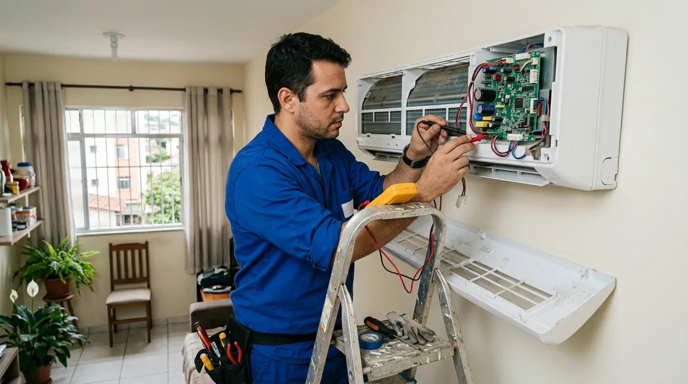 Eletricista ligando a placa do ar-condicionado split em Franca‑SP